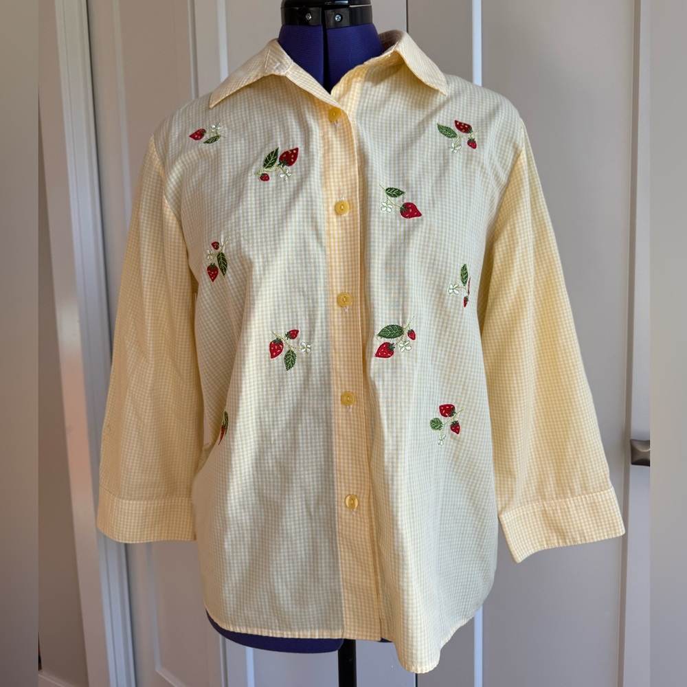 Breckenridge Yellow Button Down Shirt with Strawberry Embroidery